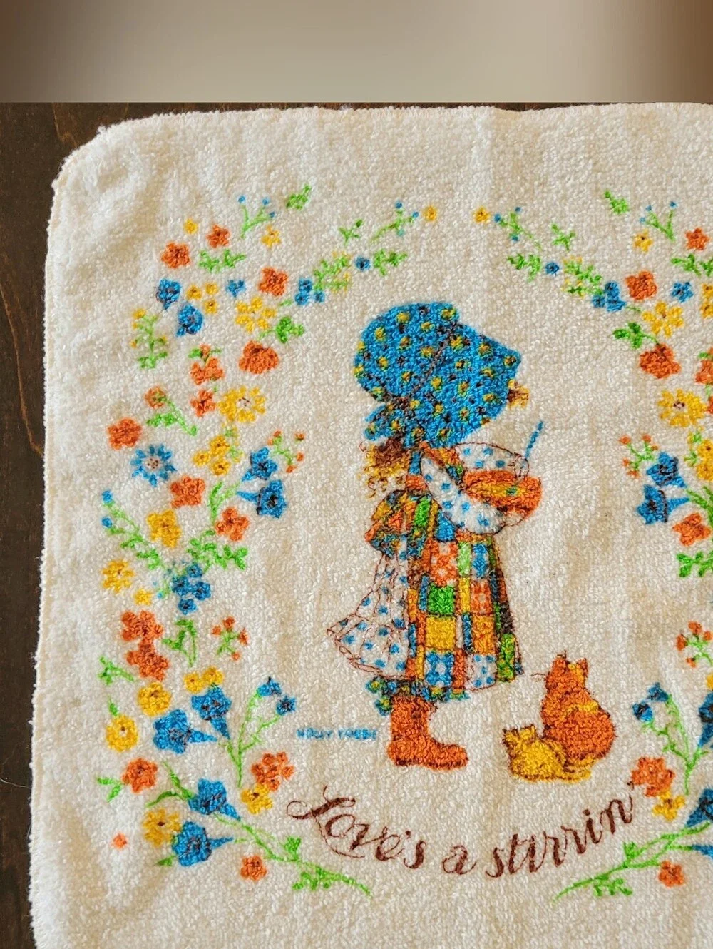 Vtg 70s Holly Hobbie Loves A Stirrin Kitchen Linen Set Towel Washcloth Mitt NWOT
